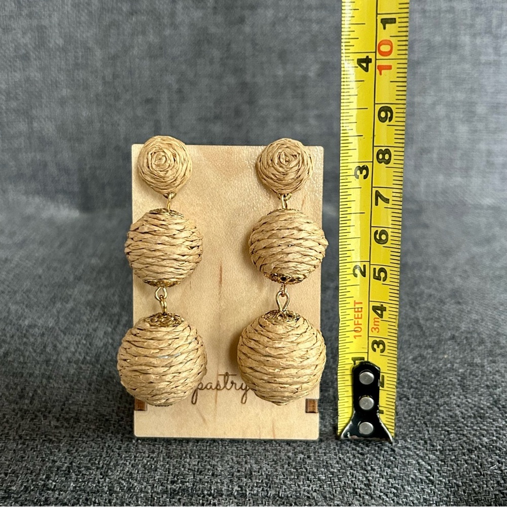 Rattan Covered, Dangling Drop Sphere Stud Earrings, Tan, Gold - Picture 10 of 17